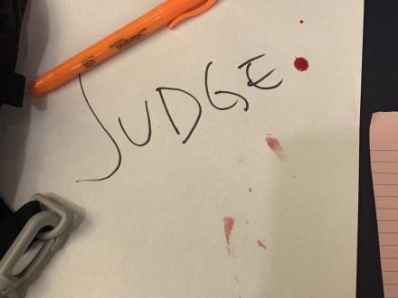 Blood spatter that hit the judges table