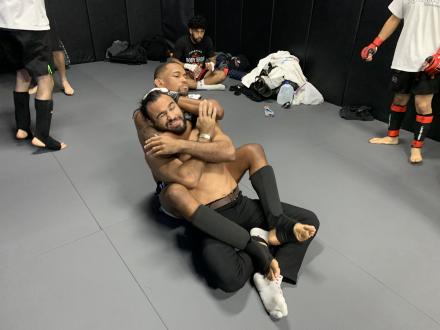 Justin warming up with Gabe