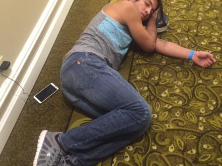 Emilio napping in the locker room
